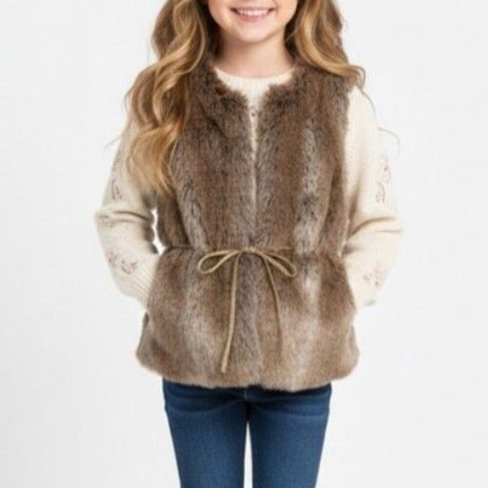 Oshkosh B'Gosh Girl's Brown Faux Fur Sleeveless Belted Vest Girl's Size 7